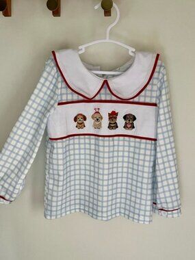 Boys 3T Blue Gingham Long-Sleeve Shirt with a white collar and dog embroidery